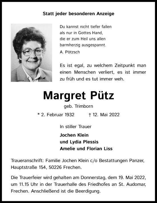 Anzeige von Margret Pütz von Kölner Stadt-Anzeiger / Kölnische Rundschau / Express