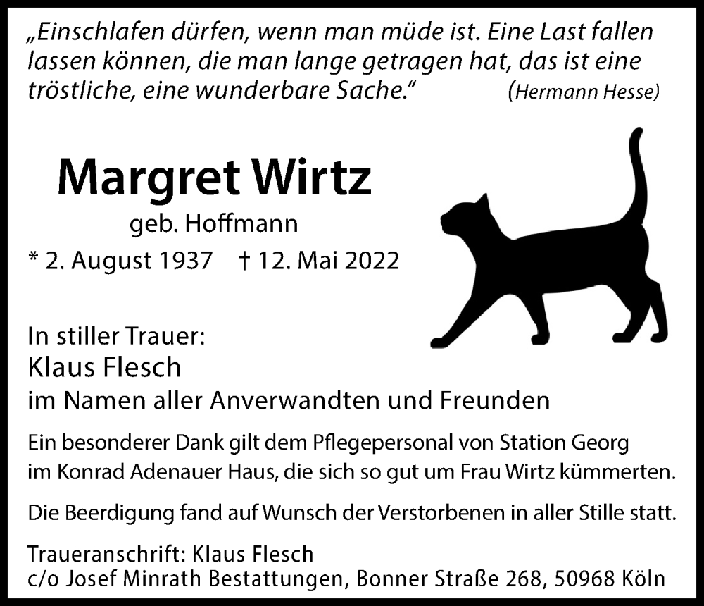  Traueranzeige für Margret Wirtz vom 21.05.2022 aus Kölner Stadt-Anzeiger / Kölnische Rundschau / Express