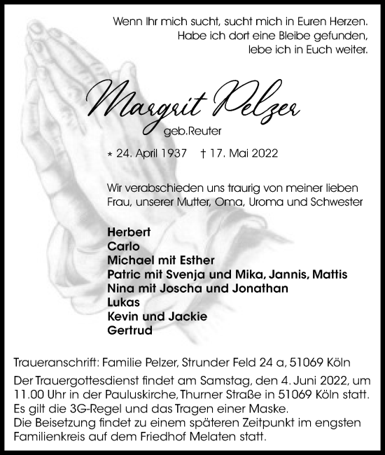 Anzeige von Margrit Pelzer von Kölner Stadt-Anzeiger / Kölnische Rundschau / Express