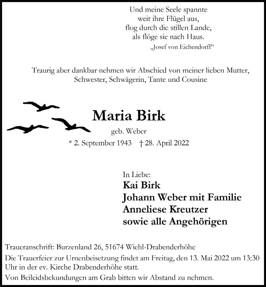  Traueranzeige für Maria Birk vom 06.05.2022 aus  Anzeigen Echo 