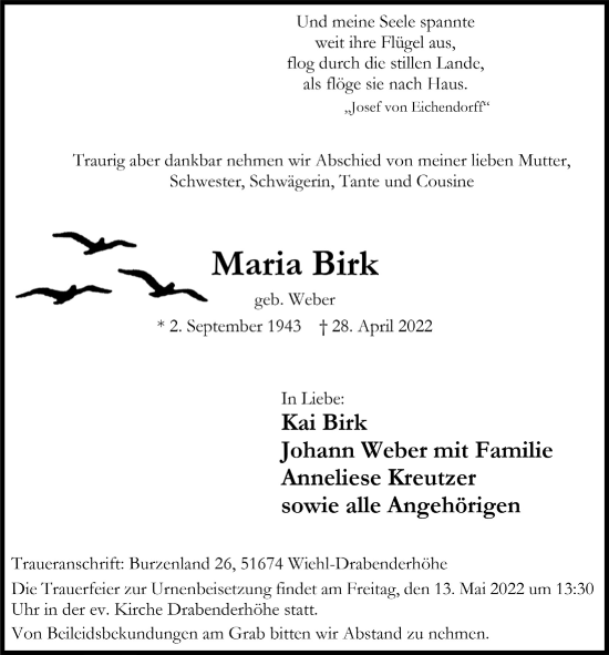 Anzeige von Maria Birk von  Anzeigen Echo 