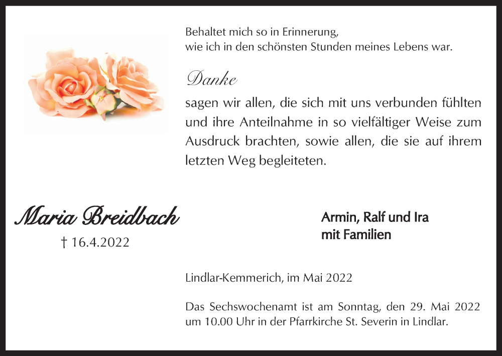  Traueranzeige für Maria Breidbach vom 28.05.2022 aus Kölner Stadt-Anzeiger / Kölnische Rundschau / Express