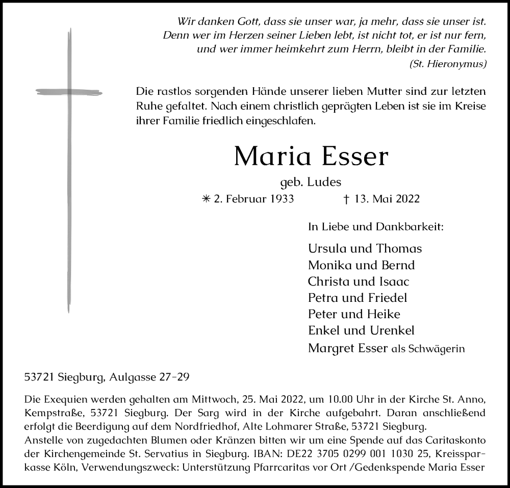  Traueranzeige für Maria Esser vom 21.05.2022 aus Kölner Stadt-Anzeiger / Kölnische Rundschau / Express