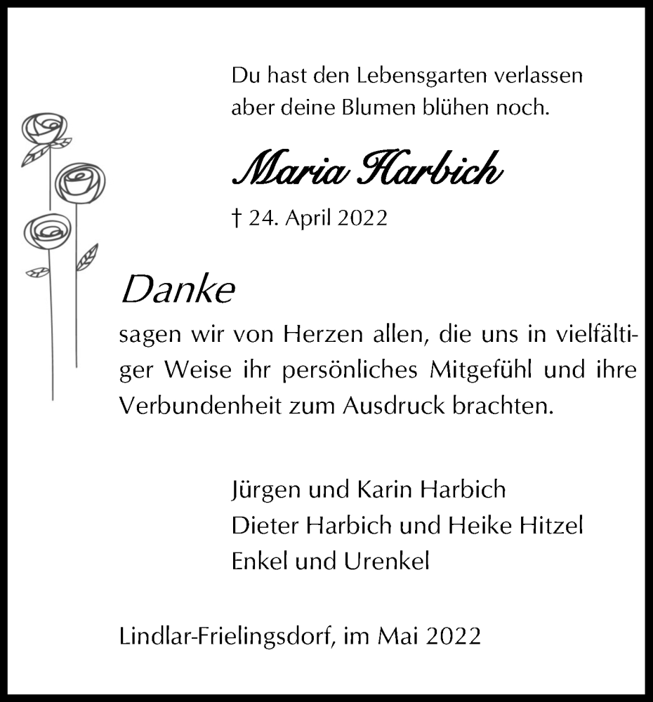 Traueranzeige für Maria Harbich vom 14.05.2022 aus Kölner Stadt-Anzeiger / Kölnische Rundschau / Express