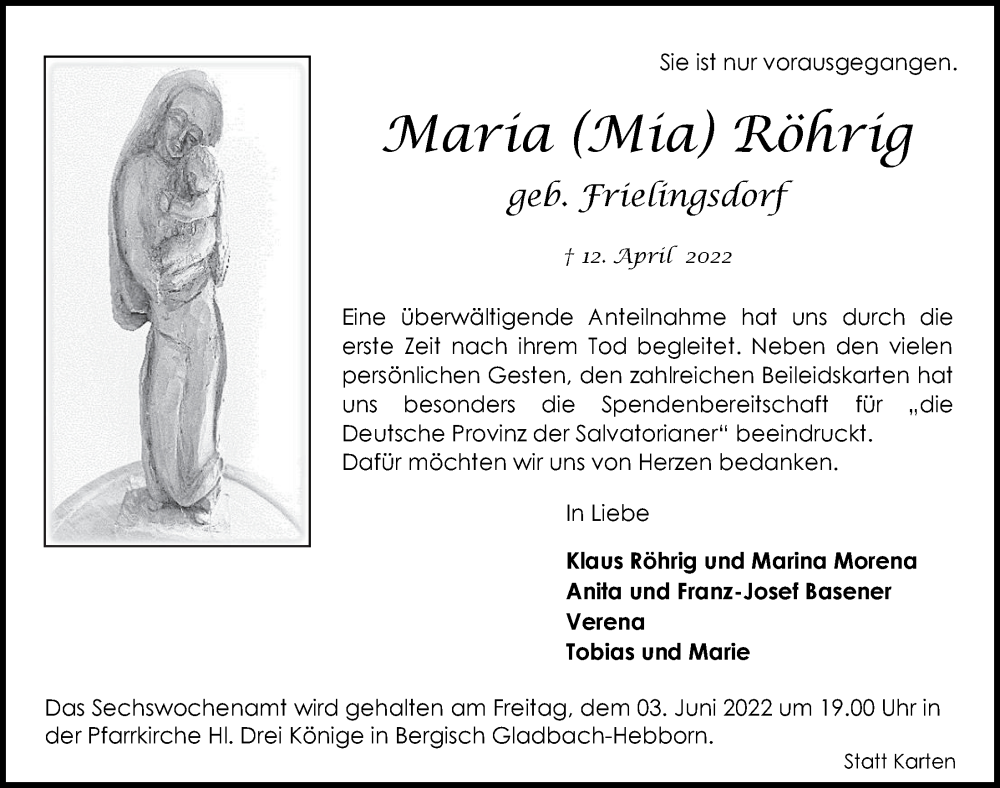  Traueranzeige für Maria Röhrig vom 27.05.2022 aus  Bergisches Handelsblatt 