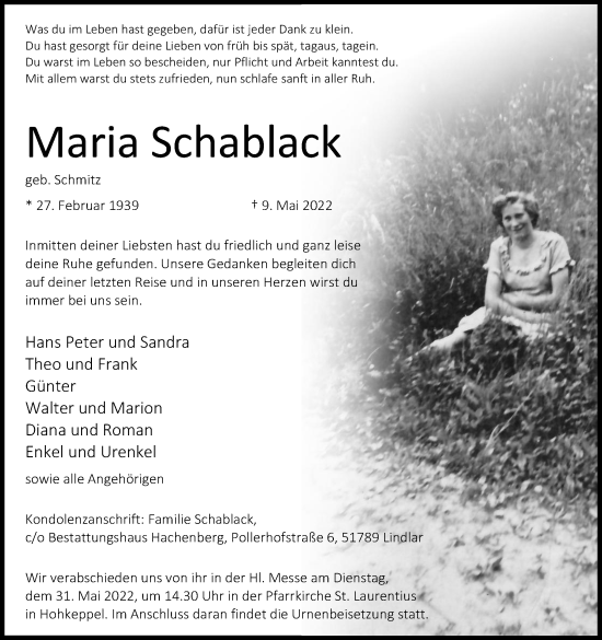 Anzeige von Maria Schablack von Kölner Stadt-Anzeiger / Kölnische Rundschau / Express