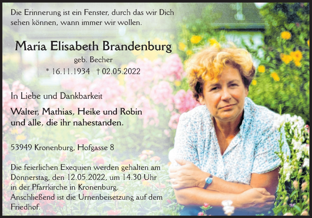  Traueranzeige für Maria Elisabeth Brandenburg vom 09.05.2022 aus Kölner Stadt-Anzeiger / Kölnische Rundschau / Express