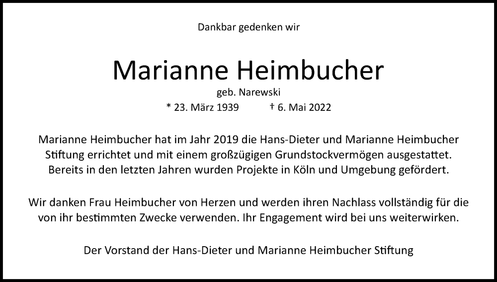  Traueranzeige für Marianne Heimbucher vom 14.05.2022 aus Kölner Stadt-Anzeiger / Kölnische Rundschau / Express