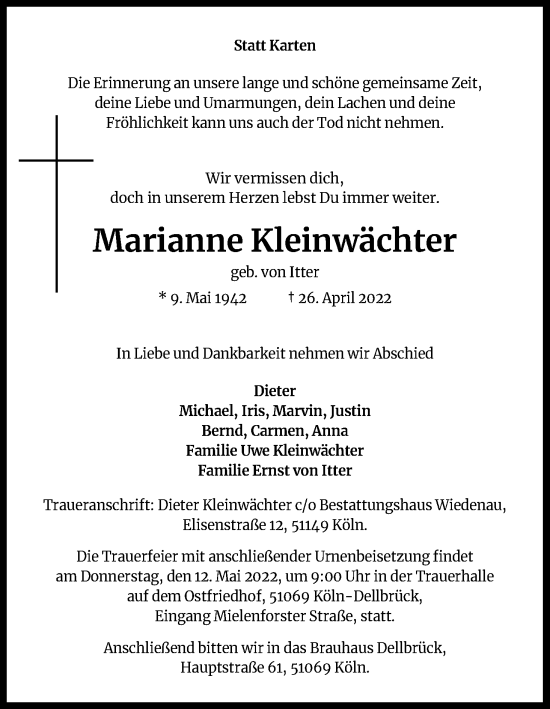 Anzeige von Marianne Kleinwächter von Kölner Stadt-Anzeiger / Kölnische Rundschau / Express