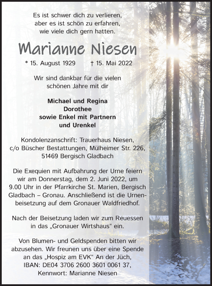  Traueranzeige für Marianne Niesen vom 21.05.2022 aus Kölner Stadt-Anzeiger / Kölnische Rundschau / Express
