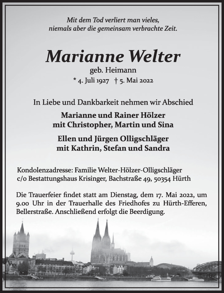  Traueranzeige für Marianne Welter vom 13.05.2022 aus  Wochenende 