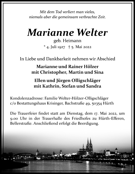 Anzeige von Marianne Welter von Kölner Stadt-Anzeiger / Kölnische Rundschau / Express