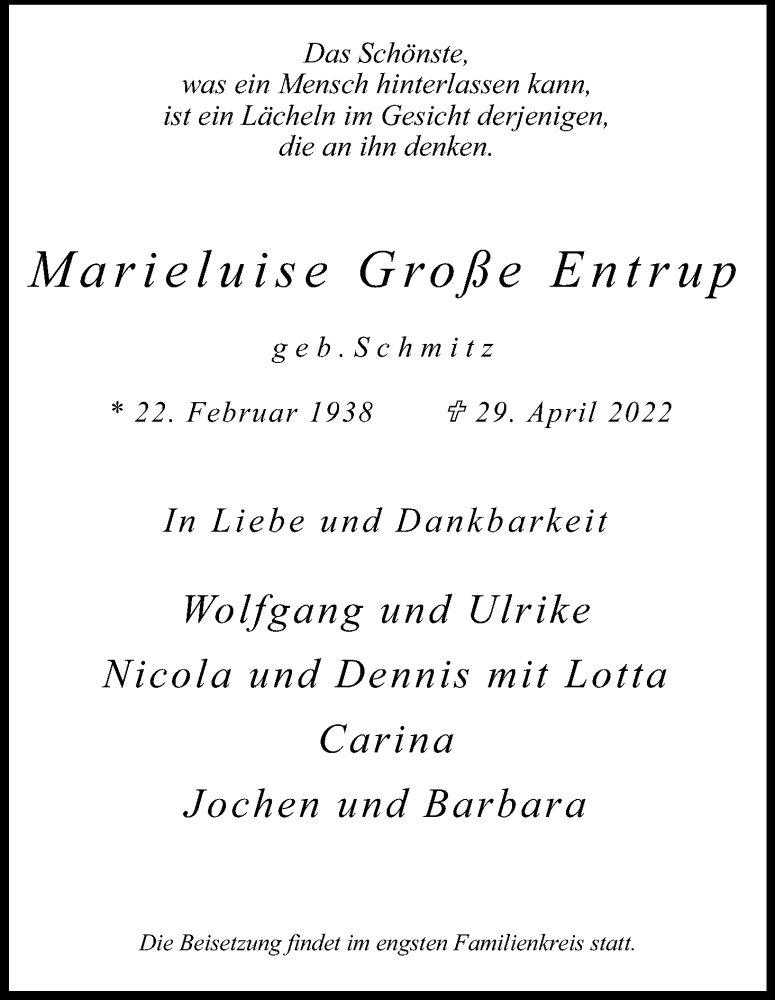  Traueranzeige für Marieluise Große Entrup vom 07.05.2022 aus Kölner Stadt-Anzeiger / Kölnische Rundschau / Express