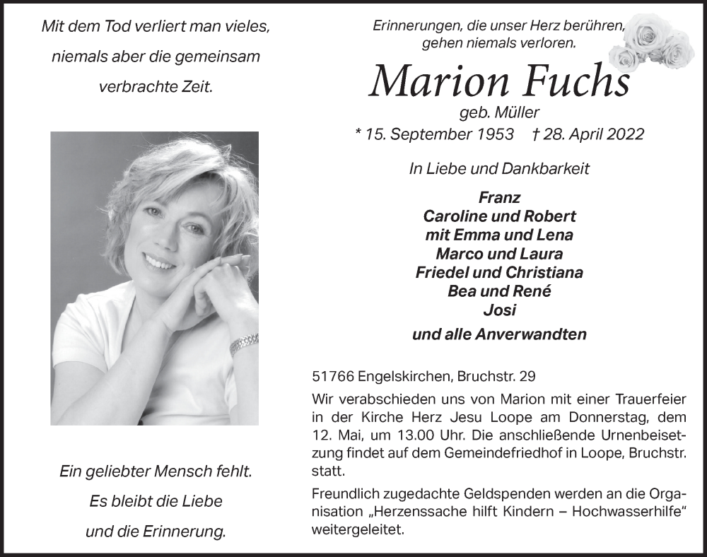  Traueranzeige für Marion Fuchs vom 06.05.2022 aus  Anzeigen Echo 