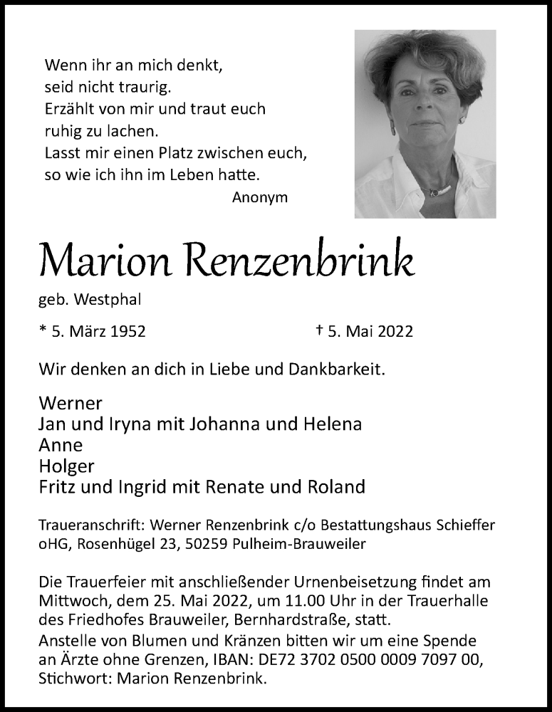  Traueranzeige für Marion Renzenbrink vom 21.05.2022 aus Kölner Stadt-Anzeiger / Kölnische Rundschau / Express