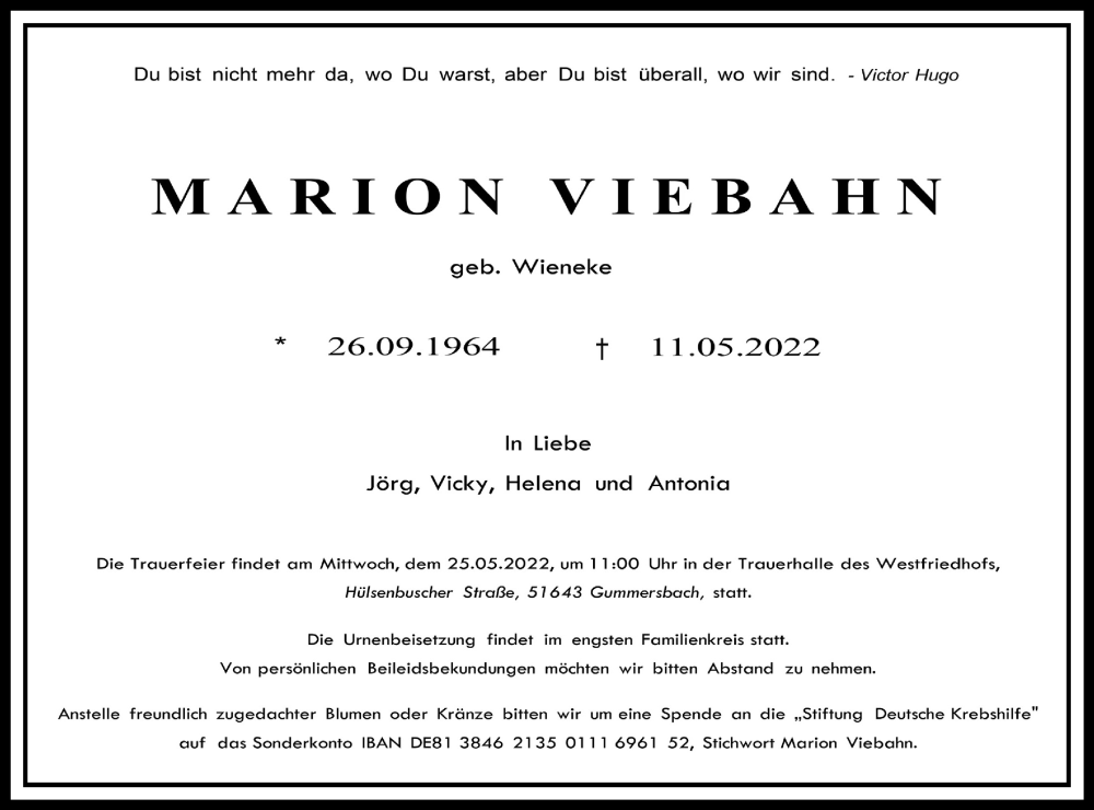  Traueranzeige für Marion Viebahn vom 21.05.2022 aus Kölner Stadt-Anzeiger / Kölnische Rundschau / Express