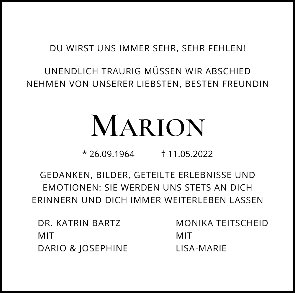  Traueranzeige für Marion Viebahn vom 21.05.2022 aus Kölner Stadt-Anzeiger / Kölnische Rundschau / Express