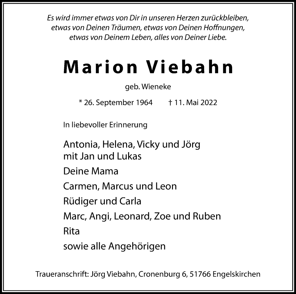  Traueranzeige für Marion Viebahn vom 21.05.2022 aus Kölner Stadt-Anzeiger / Kölnische Rundschau / Express