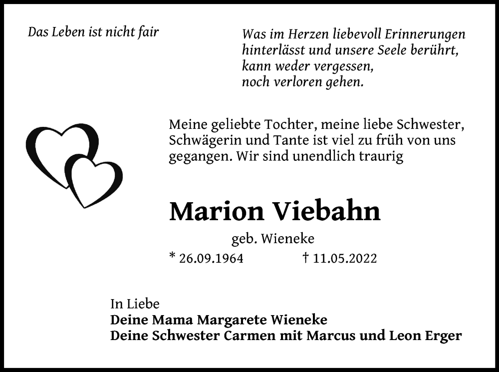  Traueranzeige für Marion Viebahn vom 21.05.2022 aus Kölner Stadt-Anzeiger / Kölnische Rundschau / Express