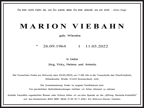 Anzeige von Marion Viebahn von  Anzeigen Echo 