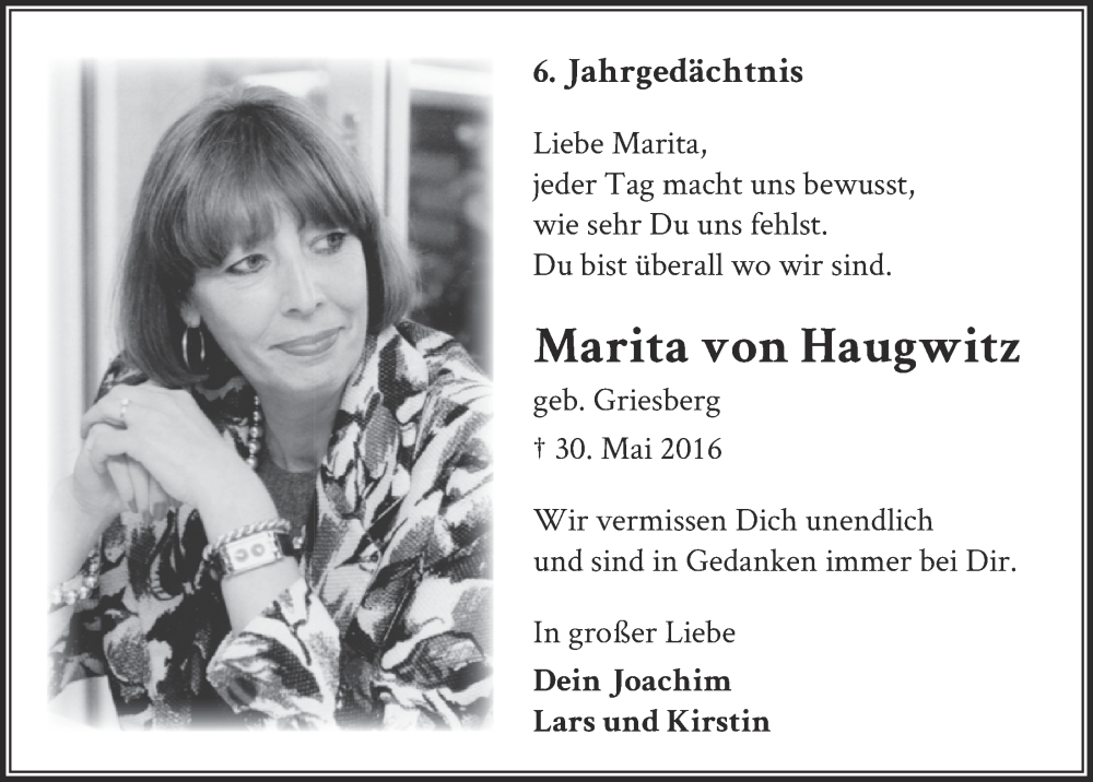  Traueranzeige für Marita von Haugwitz vom 27.05.2022 aus  EXPRESS - Die Woche 