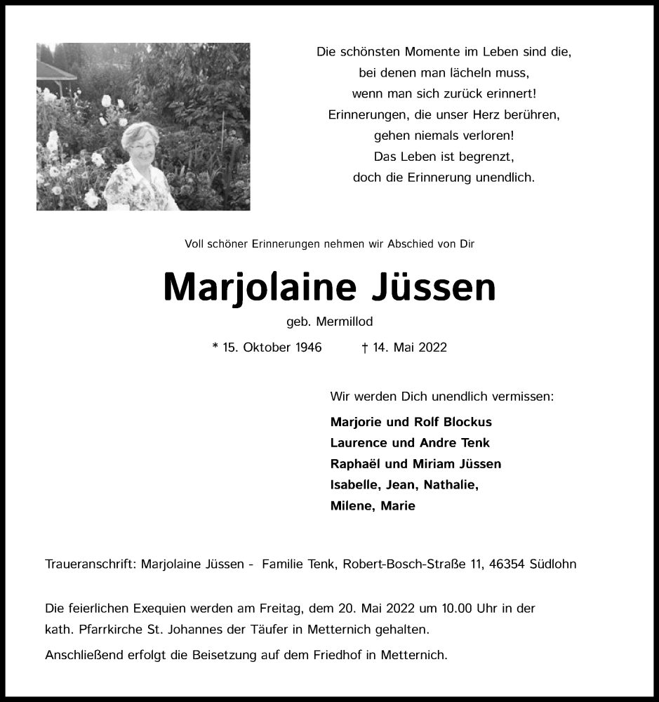  Traueranzeige für Marjolaine Jüssen vom 18.05.2022 aus Kölner Stadt-Anzeiger / Kölnische Rundschau / Express
