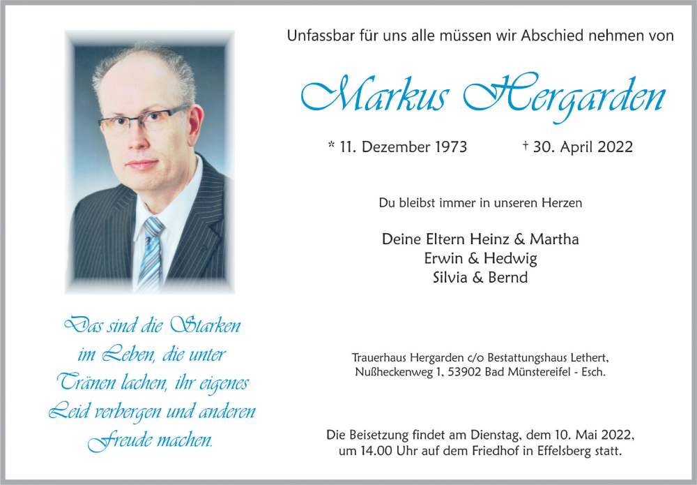  Traueranzeige für Markus Hergarden vom 07.05.2022 aus  Blickpunkt Euskirchen 