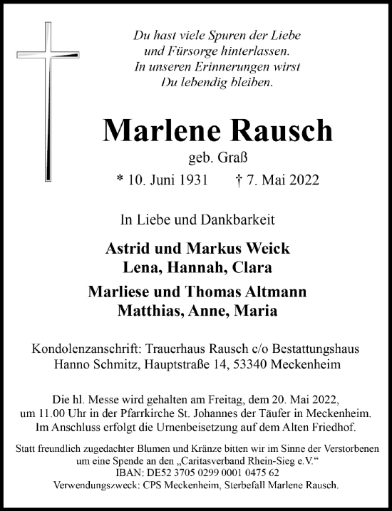 Anzeige von Marlene Rausch von  Schaufenster/Blickpunkt 