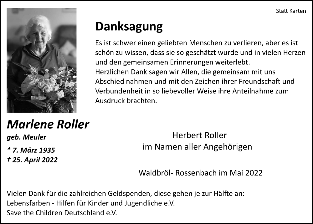  Traueranzeige für Marlene Roller vom 27.05.2022 aus  Lokalanzeiger 