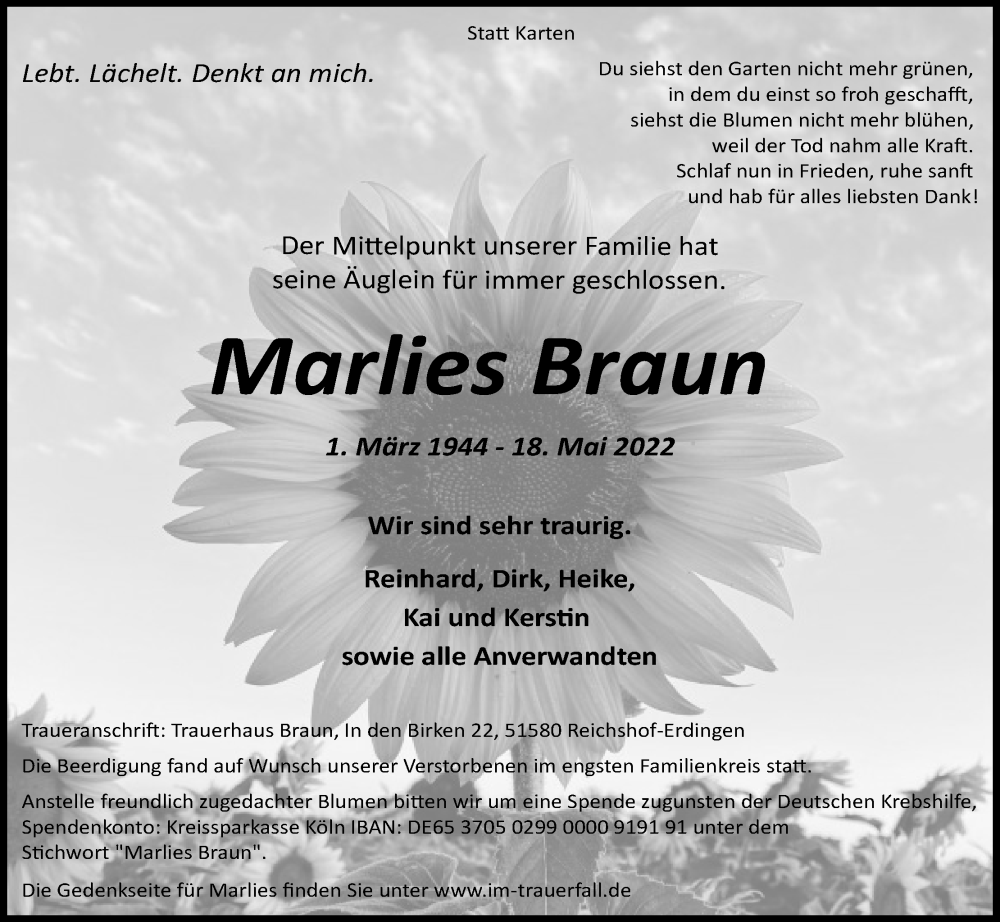 Traueranzeige für Marlies Braun vom 28.05.2022 aus Kölner Stadt-Anzeiger / Kölnische Rundschau / Express