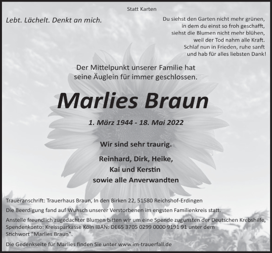 Anzeige von Marlies Braun von  Lokalanzeiger 