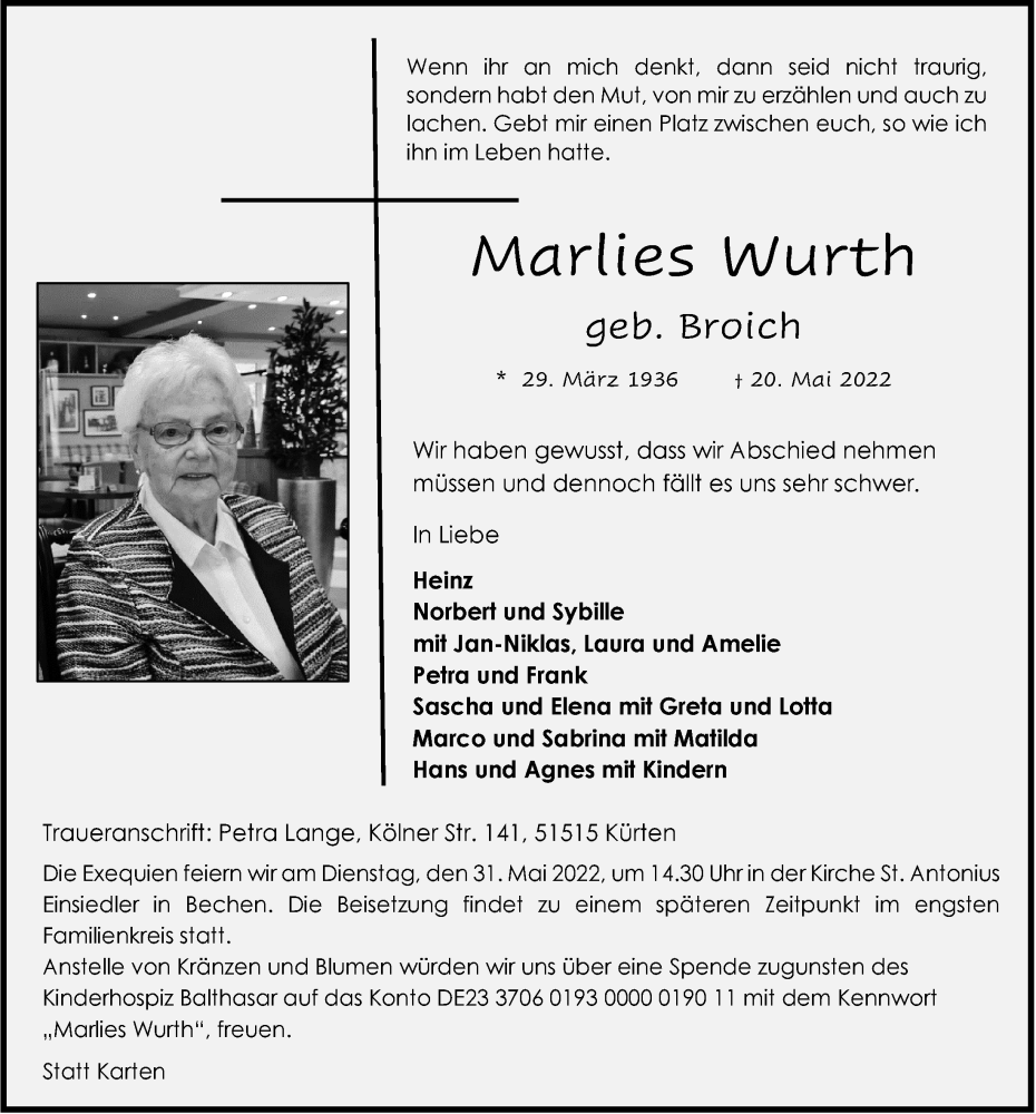  Traueranzeige für Marlies Wurth vom 27.05.2022 aus  Bergisches Handelsblatt 