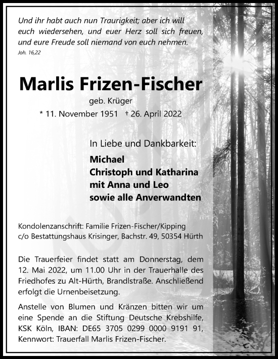 Anzeige von Marlis Frizen-Fischer von Kölner Stadt-Anzeiger / Kölnische Rundschau / Express