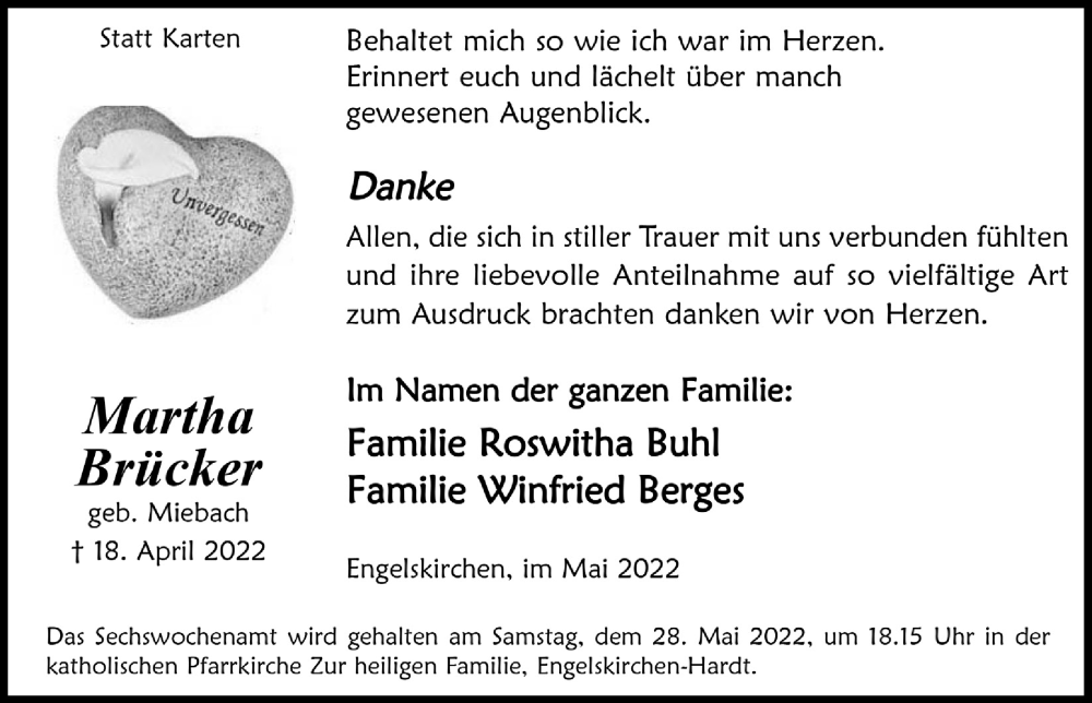  Traueranzeige für Martha Brücker vom 20.05.2022 aus  Anzeigen Echo 