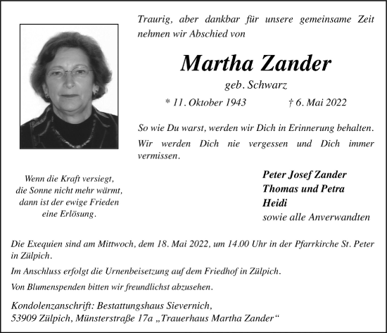 Anzeige von Martha Zander von  Blickpunkt Euskirchen 