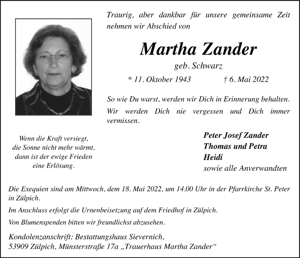  Traueranzeige für Martha Zander vom 14.05.2022 aus  Blickpunkt Euskirchen 