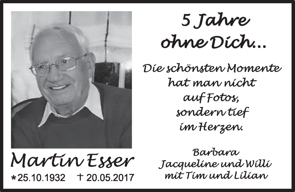  Traueranzeige für Martin Esser vom 27.05.2022 aus  Werbepost 