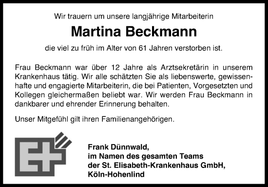 Anzeige von Martina Beckmann von Kölner Stadt-Anzeiger / Kölnische Rundschau / Express