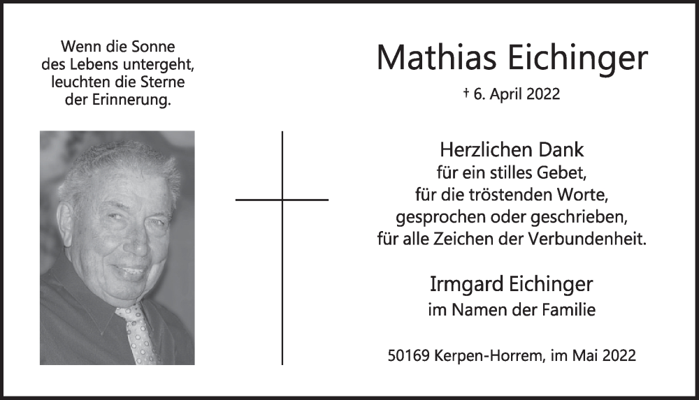  Traueranzeige für Mathias Eichinger vom 13.05.2022 aus  Werbepost 