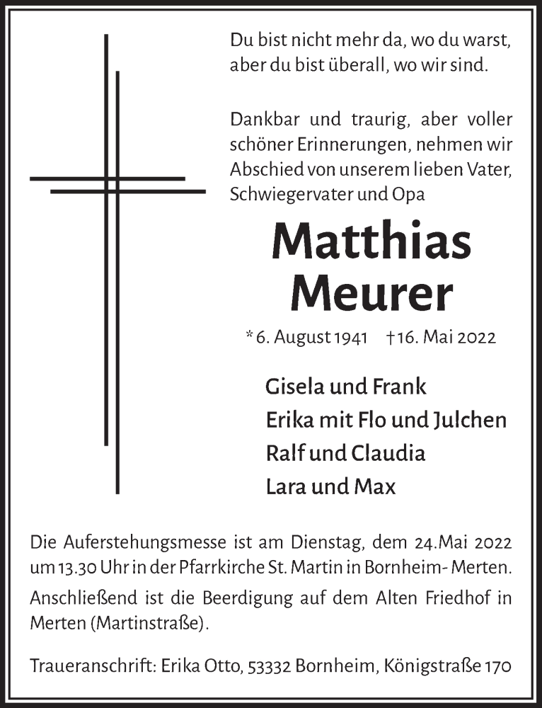  Traueranzeige für Matthias Meurer vom 20.05.2022 aus  Schaufenster/Blickpunkt  Schlossbote/Werbekurier 