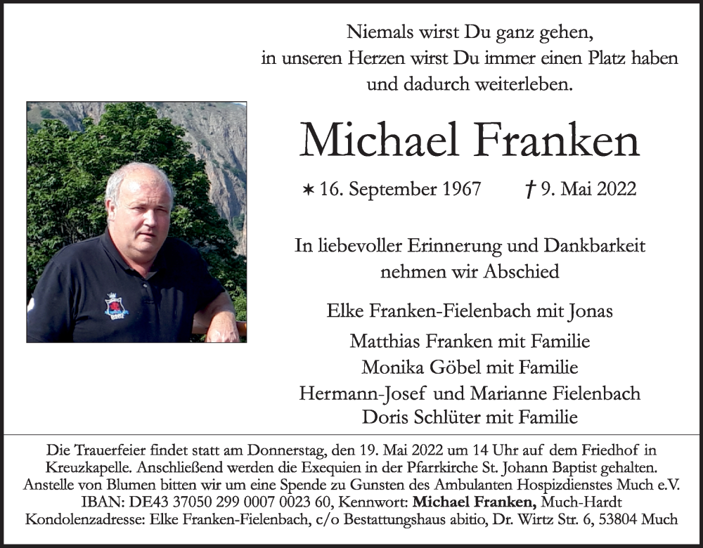  Traueranzeige für Michael Franken vom 14.05.2022 aus Kölner Stadt-Anzeiger / Kölnische Rundschau / Express