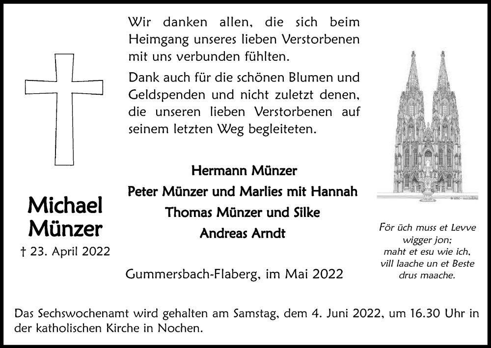  Traueranzeige für Michael Münzer vom 21.05.2022 aus Kölner Stadt-Anzeiger / Kölnische Rundschau / Express