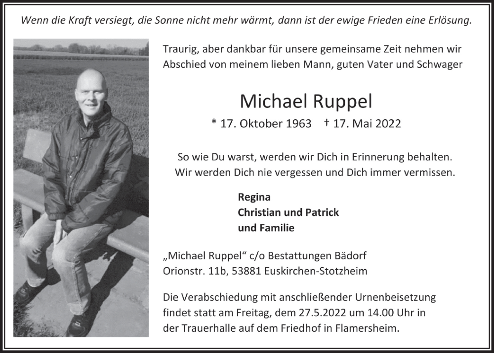  Traueranzeige für Michael Ruppel vom 21.05.2022 aus  Blickpunkt Euskirchen 