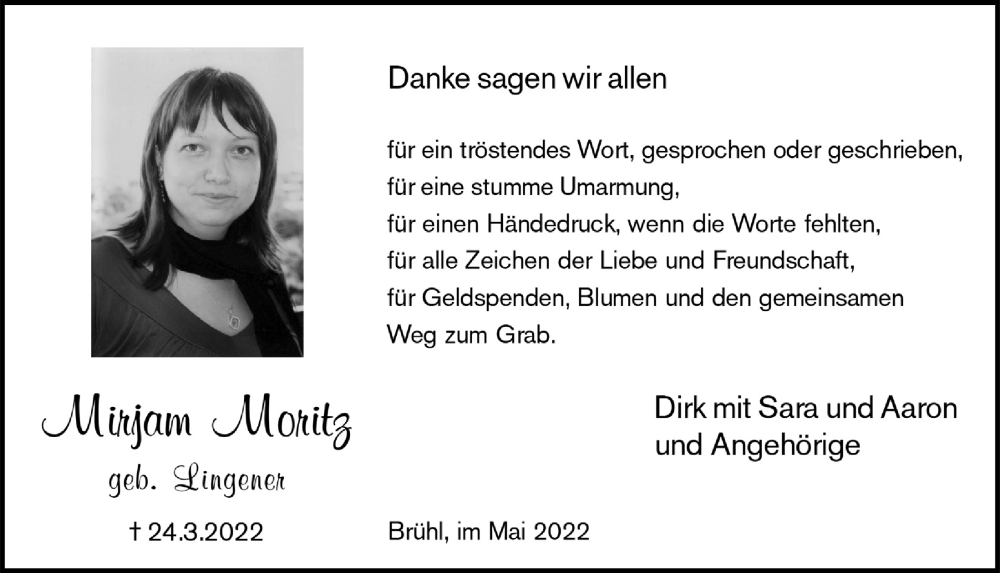  Traueranzeige für Mirjam Moritz vom 06.05.2022 aus  Schlossbote/Werbekurier 