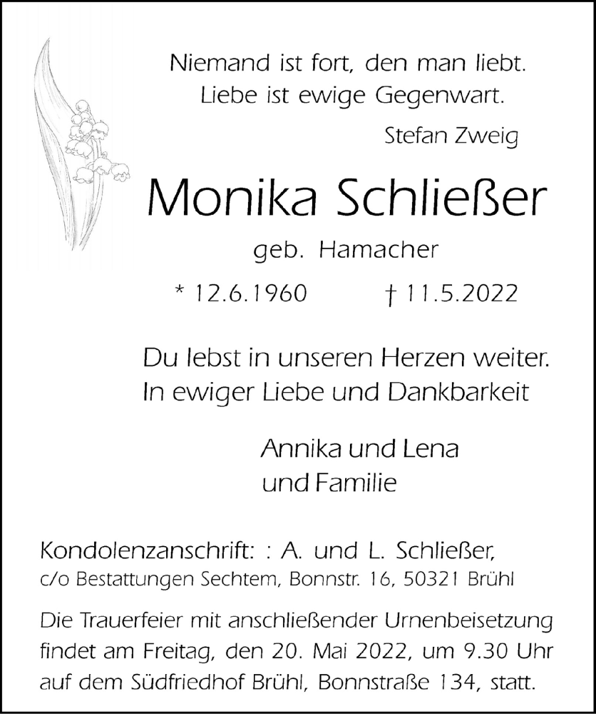  Traueranzeige für Monika Schließer vom 20.05.2022 aus  Schlossbote/Werbekurier 