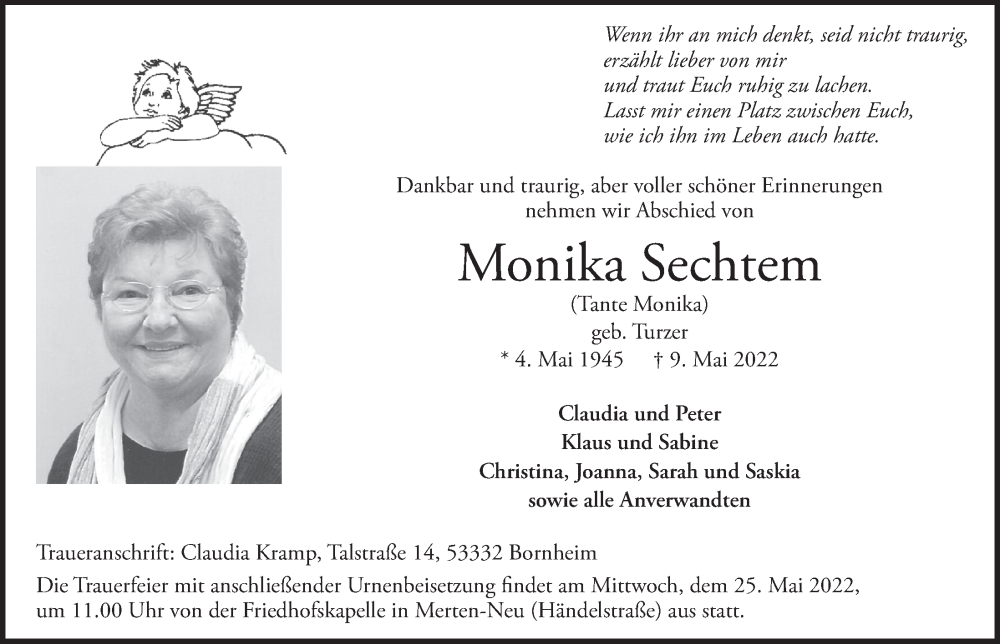  Traueranzeige für Monika Sechtem vom 20.05.2022 aus  Schaufenster/Blickpunkt 