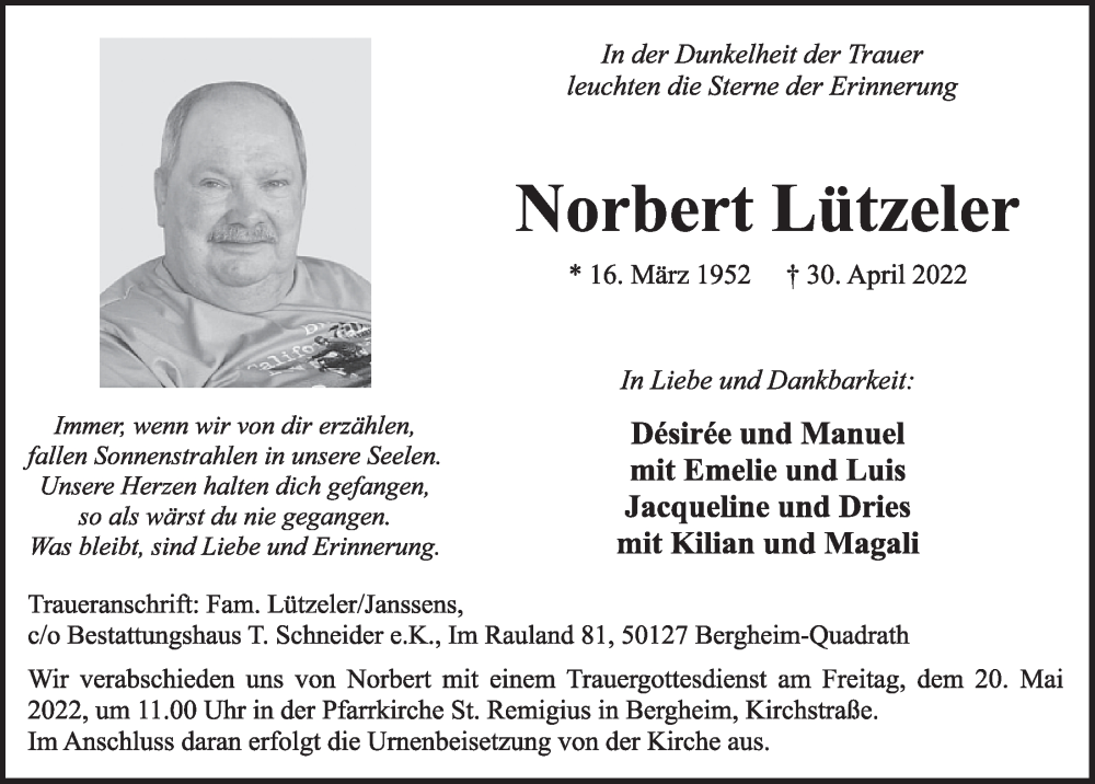  Traueranzeige für Norbert Lützeler vom 13.05.2022 aus  Werbepost 