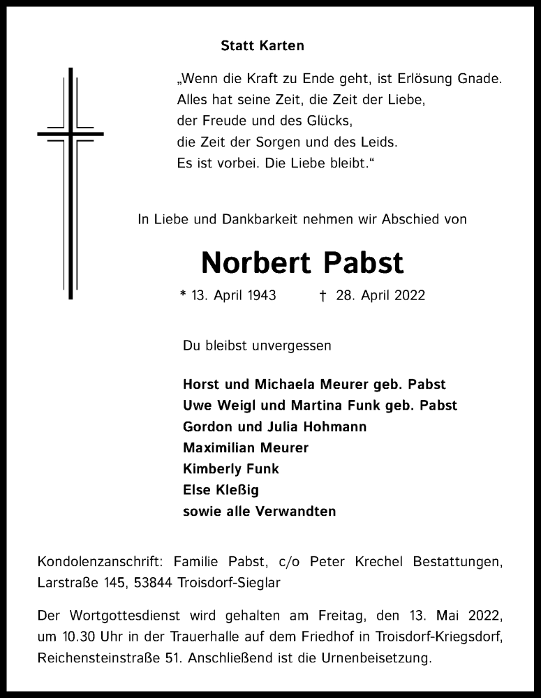  Traueranzeige für Norbert Pabst vom 07.05.2022 aus Kölner Stadt-Anzeiger / Kölnische Rundschau / Express