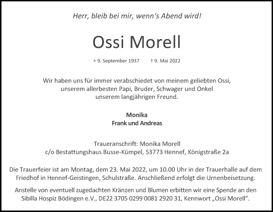 Anzeige von Ossi Morell von Kölner Stadt-Anzeiger / Kölnische Rundschau / Express
