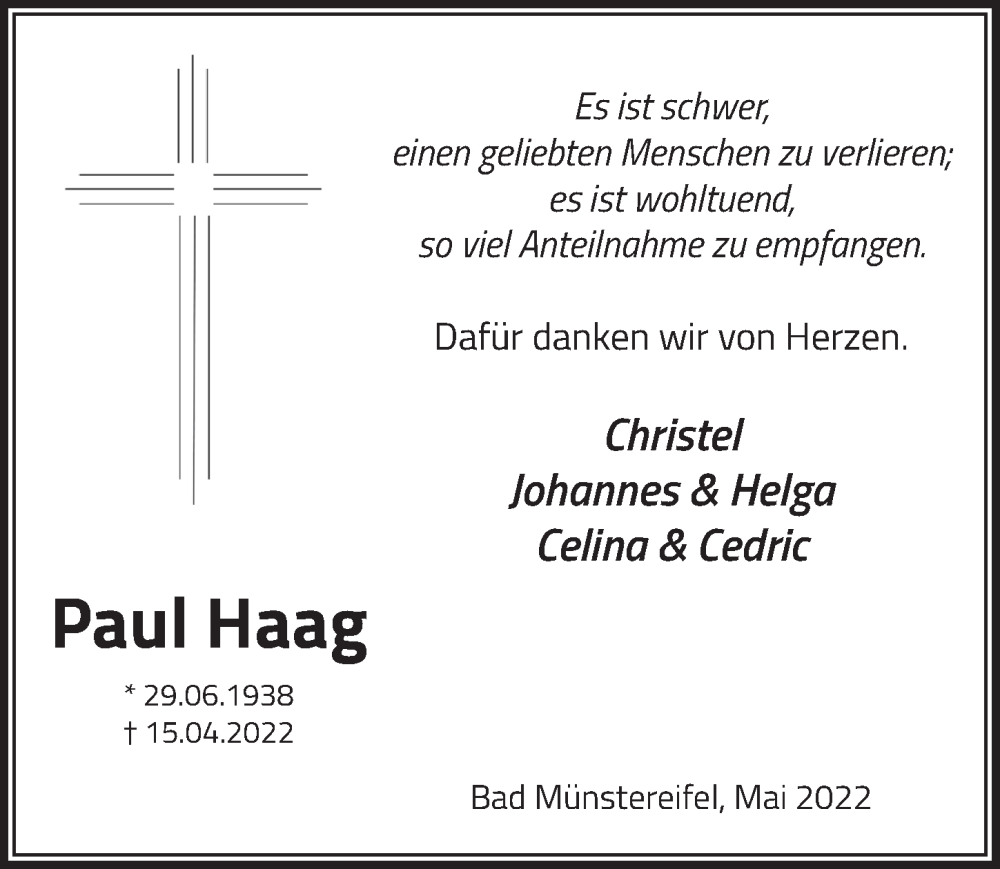  Traueranzeige für Paul Haag vom 28.05.2022 aus  Blickpunkt Euskirchen 